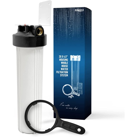 High Capacity 20 x 4.5 Whole House Filter Purifier System for Well or City Water, Presser Relief Button, 1 NPT Brass Port, Double O-ring, Meets NSF Standards & Regulations (White, 1 Set)