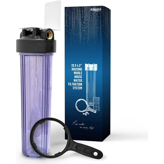 High Capacity 20 x 4.5 Whole House Filter Purifier System for Well or City Water, Presser Relief Button, 1 NPT Brass Port, Double O-ring, Meets NSF Standards & Regulations (Transparent, 1 Set)