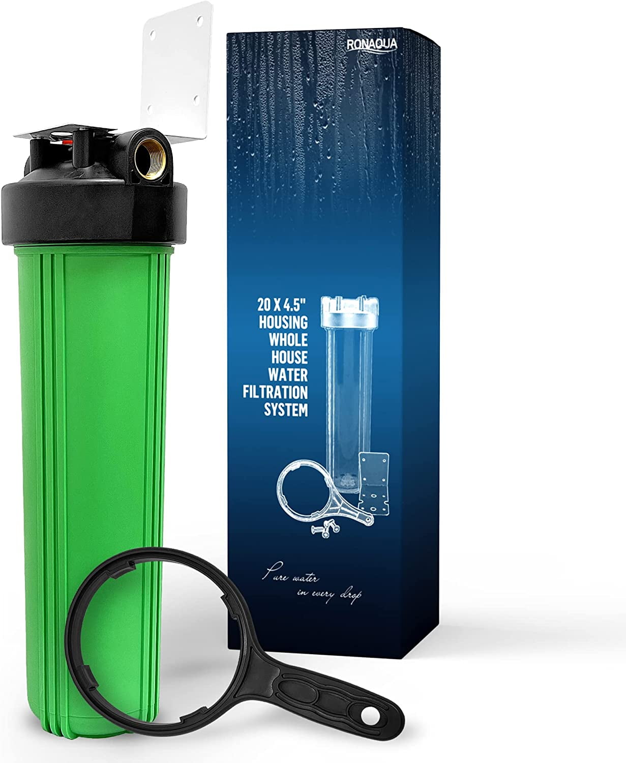 High Capacity 20 x 4.5” Whole House Filter Purifier System for Well or City Water, Presser Relief Button, 1” NPT Brass Port, Double O-ring, Meets NSF Standards & Regulations (Green, 1 Set)