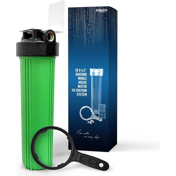 High Capacity 20 x 4.5 Whole House Filter Purifier System for Well or City Water, Presser Relief Button, 1 NPT Brass Port, Double O-ring, Meets NSF Standards & Regulations (Green, 1 Set)