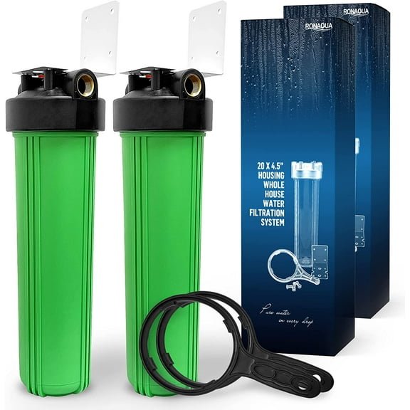 High Capacity 20 x 4.5 Whole House Filter Purifier System for Well or City Water, Presser Relief Button, 1 NPT Brass Port, Double O-ring, Meets NSF Standards & Regulations (Green, 2 Sets)