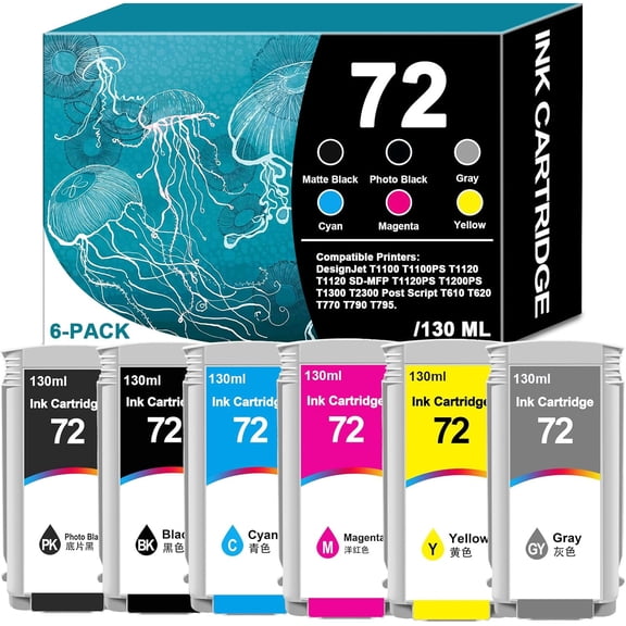 High Capacity 72 Ink Cartridges Latest Upgrade Replacement for 72 Ink Cartridges Work with for DesignJet T770 T790 T795 T610 T620 T1100 T1120 T1200 T1300 T2300 Printer Ink(130-ml, 6-Pack)