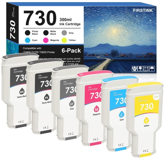 High Capacity 730 Ink Cartridges 300ml P2V68A P2V69A P2V70A P2V71A P2V72A P2V73A Compatible with DesignJet T1600 T1700 MFP T2600 Printer Ink (6-Pack)