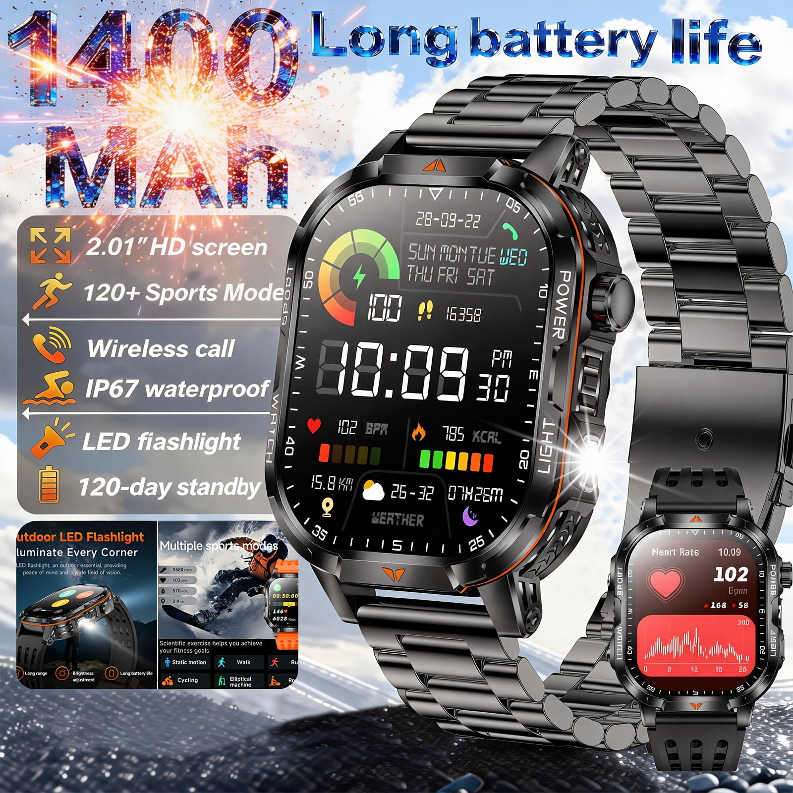 High-Capacity Battery Smartwatch: 120-Day Battery, 2.01-Inch HD Touch Screen, LED Flashlight, Wireless Calling, 120+ Sports Modes, Pedometer, Fitness Tracker