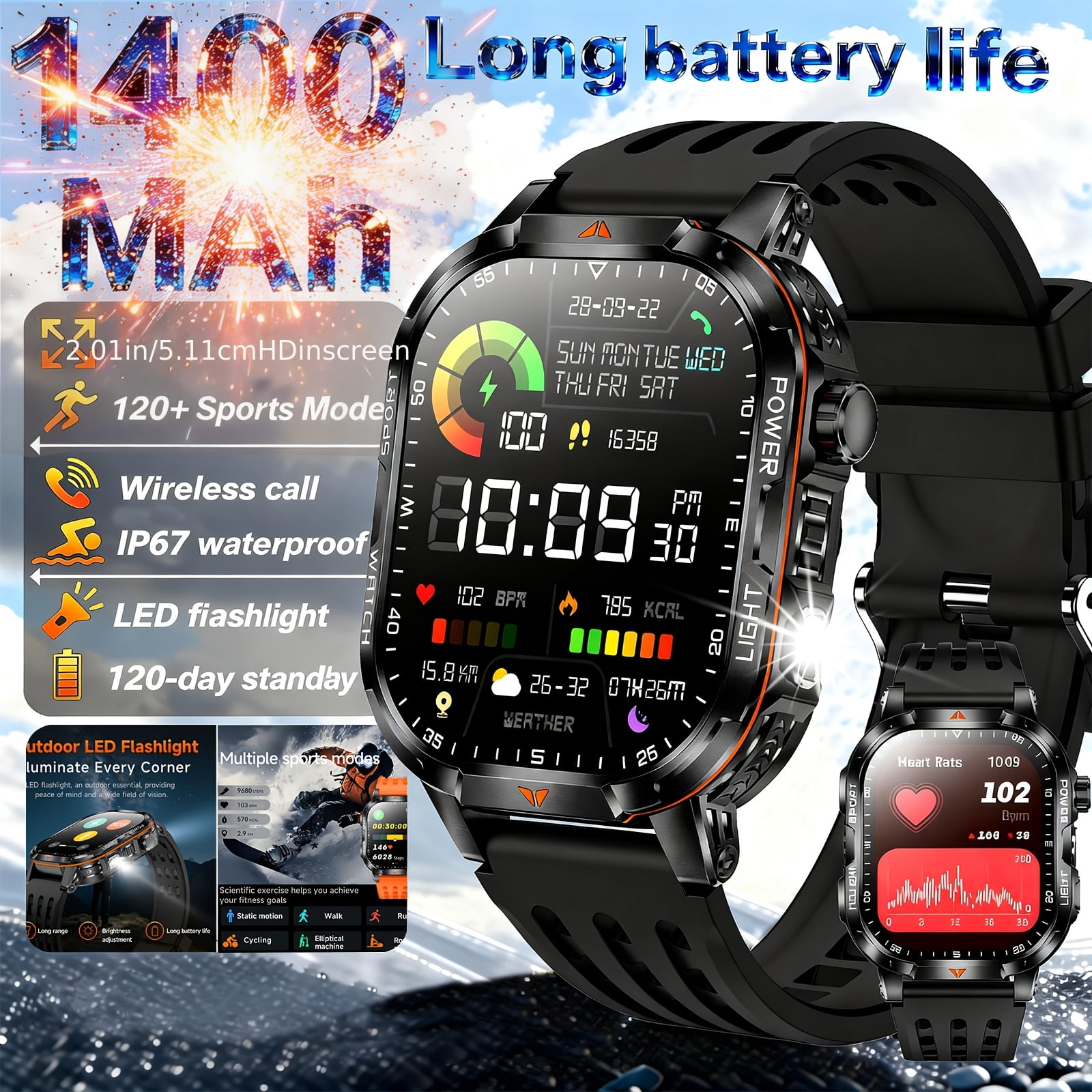 High-Capacity Battery Smartwatch: 120-Day Battery, 2.01-Inch HD Touch Screen, LED Flashlight, Wireless Calling, 120+ Sports Modes, Pedometer, Fitness Tracker