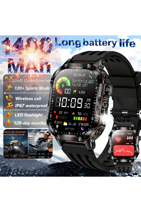 High-Capacity Battery Smartwatch: 120-Day Battery, 2.01-Inch HD Touch Screen, LED Flashlight, Wireless Calling, 120+ Sports Modes, Pedometer, Fitness Tracker