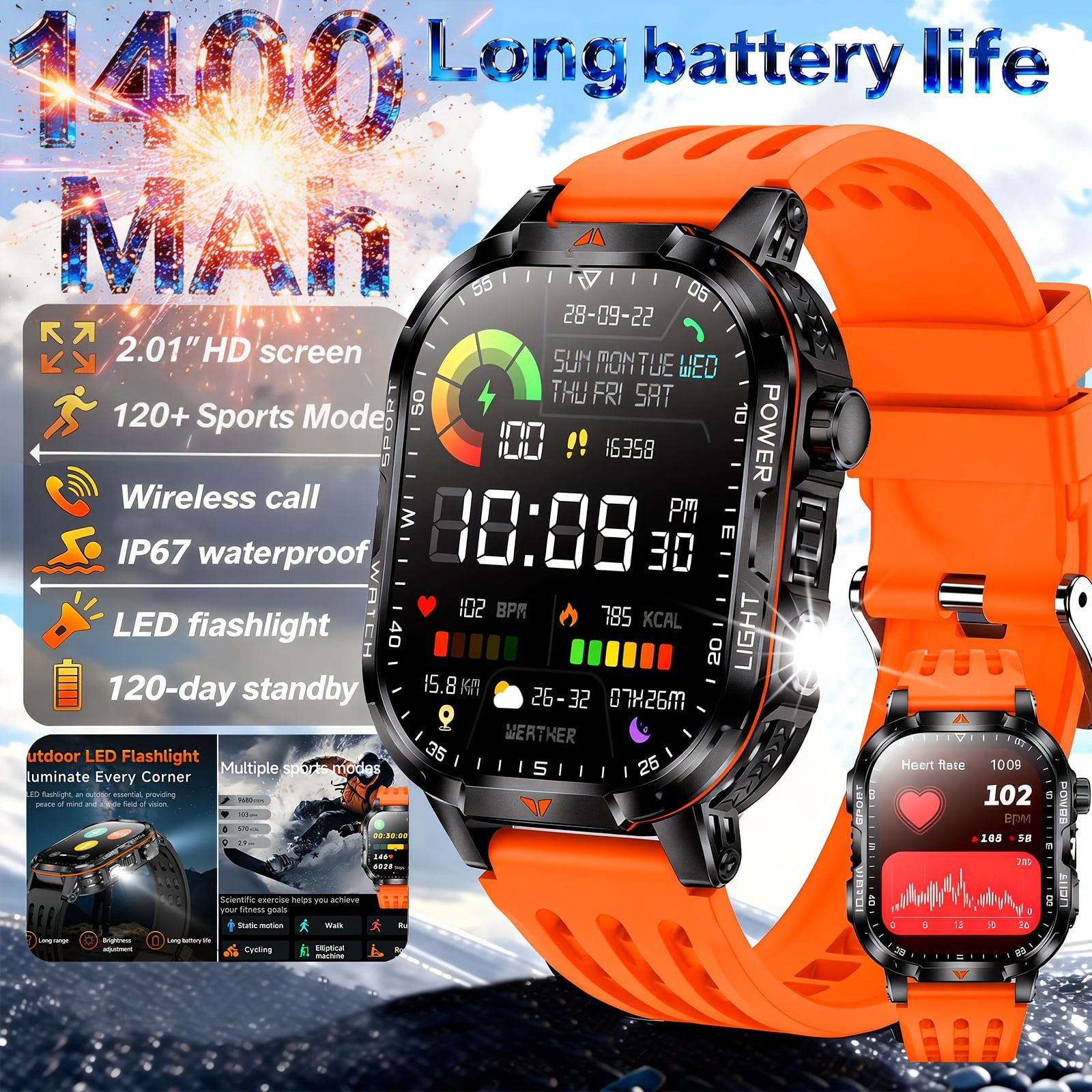 High-Capacity Battery Smartwatch: 120-Day Battery, 2.01-Inch HD Touch Screen, LED Flashlight, Wireless Calling, 120+ Sports Modes, Pedometer, Fitness Tracker