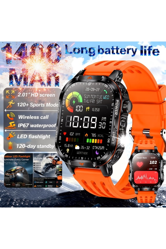 High-Capacity Battery Smartwatch: 120-Day Battery, 2.01-Inch HD Touch Screen, LED Flashlight, Wireless Calling, 120+ Sports Modes, Pedometer, Fitness Tracker
