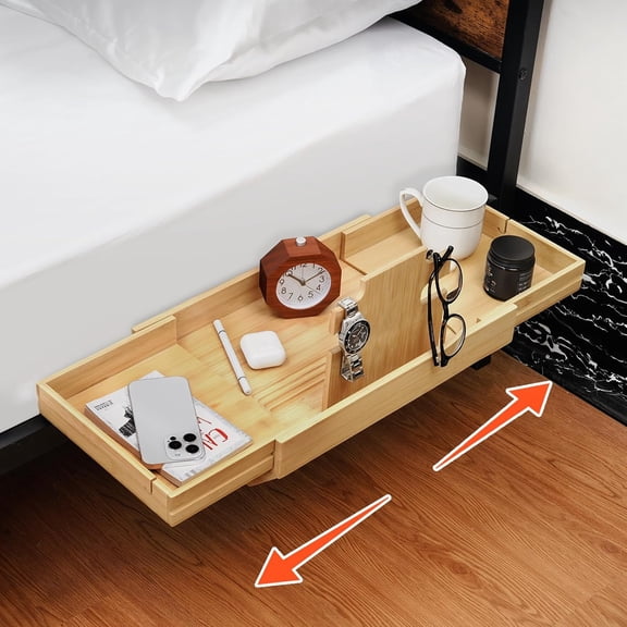 High Capacity Bedside Shelf, Bunk Bed Side Table, Loft Nightstand Organizer Tray, Loft Bed Shelf with Scalable Tray for Dorm Room, Clip On Nightstand with Cord Holder - Natural Bamboo