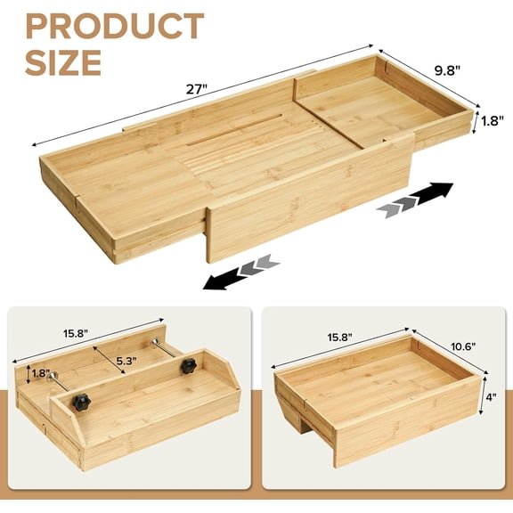 High Capacity Bedside Shelf, Bunk Bed Side Table, Loft Nightstand Organizer Tray, Loft Bed Shelf with Scalable Tray for Dorm Room, Clip On Nightstand with Cord Holder - Natural Bamboo