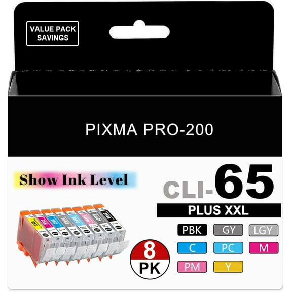High Capacity CLI-65 CLI65 Ink Cartridges [Show Ink Level] with New Chip 4215C007 Replacement for Canon Pixma Pro 200 PRO-200 PRO-200S Printer Ink(8 Pack)