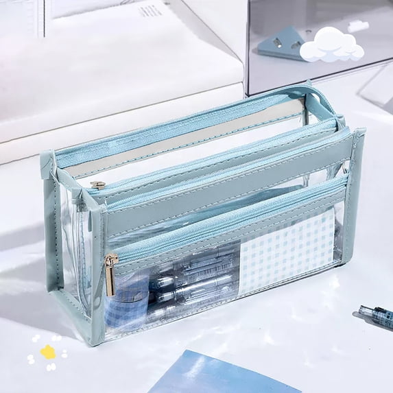 High Capacity Clear Pencil Case Transparent TPU Multi-Layer Pencil Pouch, Large Storage Stationery Organizer for Teachers and Office supplies Blue 1PC