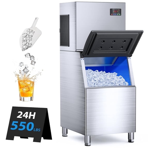 High-Capacity Commercial Ice Maker Machine - 550Lbs/24H Output, 360Lbs Storage Bin, Ice Ready in 5-15 Minutes, Stainless Steel Construction with Water Line Hookup