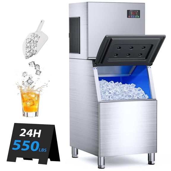 High-Capacity Commercial Ice Maker Machine - 550Lbs/24H Output, 360Lbs Storage Bin, Ice Ready in 5-15 Minutes, Stainless Steel Construction with Water Line Hookup