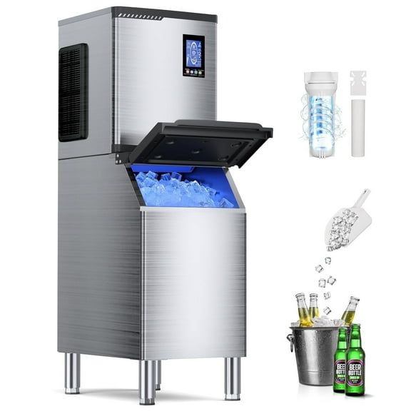 High-Capacity Commercial Ice Maker Machine - 700Lbs/24H Output, 400Lbs Storage Bin, Ready in 5-15 Min, Stainless Steel with Water Line Hookup & 12 Ice Thickness Settings