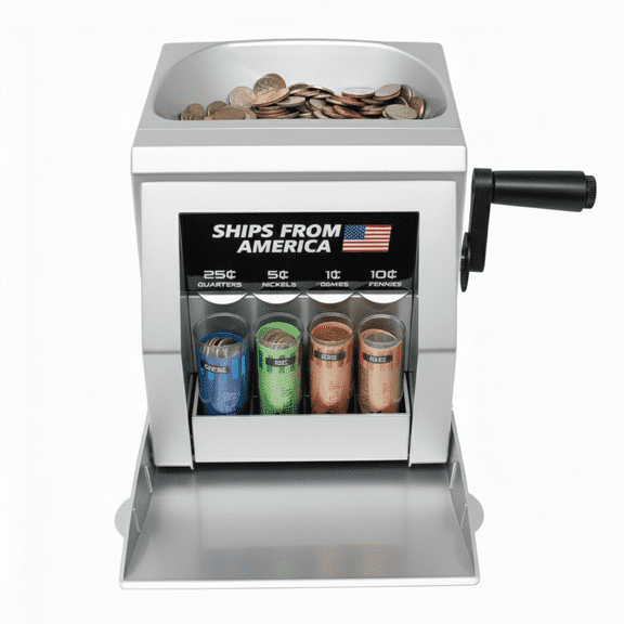 High-Capacity Hand-Crank Coin Counter with Sorted Denomination Tubes