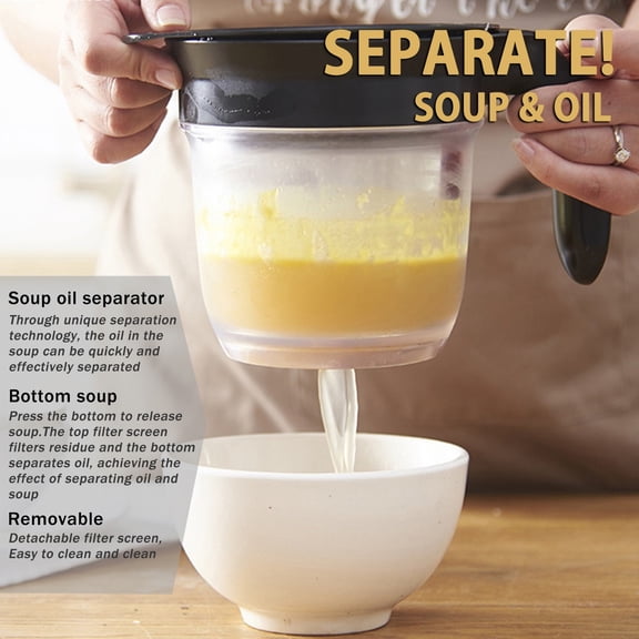 High Capacity Oil Separator Bowl for Soup, Fat Separator with Bottom Release and Strainer, Kitchen Cooking Tool