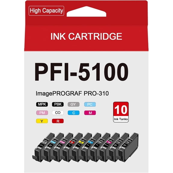 High Capacity PRO310 PFI-5100 Ink Cartridges Compatible for Canon PFI5100 imagePROGRAF PRO310 Printer Ink Cartridge (10-Pack MBK, PBK, C, M, Y, R, GY, PC, PM, CO)