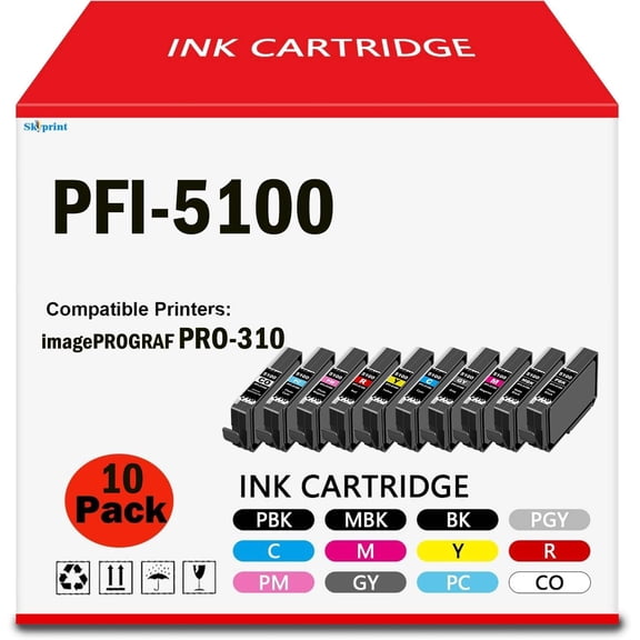High Capacity PRO310 PFI5100 Ink Cartridges PRO-310 Ink Compatible for Canon PFI-5100 Ink Cartridge use for Canon imagePROGRAF PRO-310 Printer Ink(10 Color Pack)