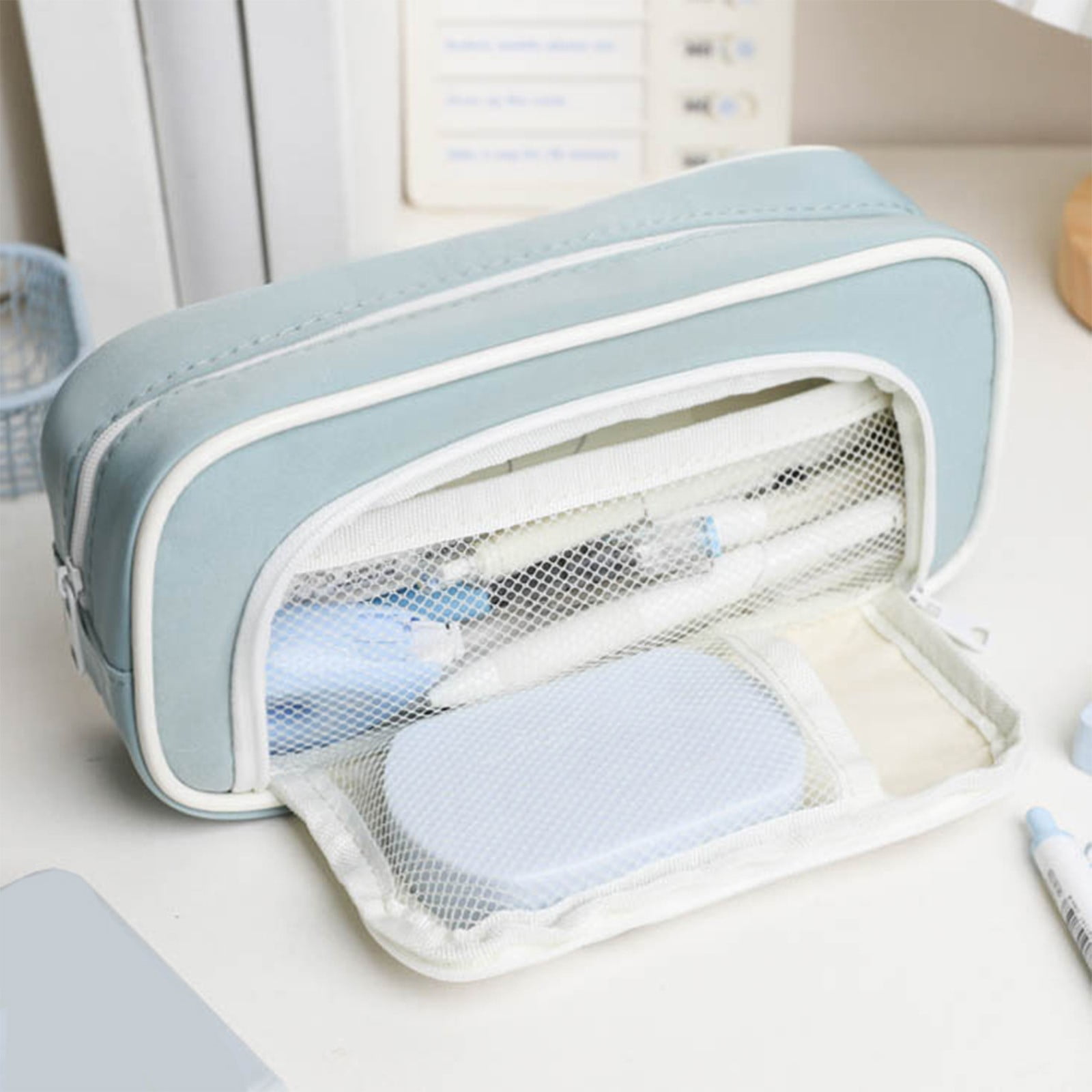 Lace Cotton Pencil Bag - High Capacity Pen Pouch & Makeup Organizer For School, Office, Travel (Blue/Pink)