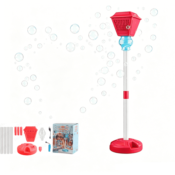 High-Capacity Rechargeable Bubble Machine Standing Street Lamp Bubble Tower with Lights, Adjustable Height for Wedding, Garden Pathway & Party Decor Bubble Lamp Red