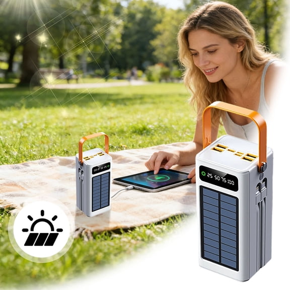 High-Capacity Solar Power Bank with Built-in Cables - Portable Outdoor Charger for Camping, Hiking & Travel, Compatible with All Mobile Devices