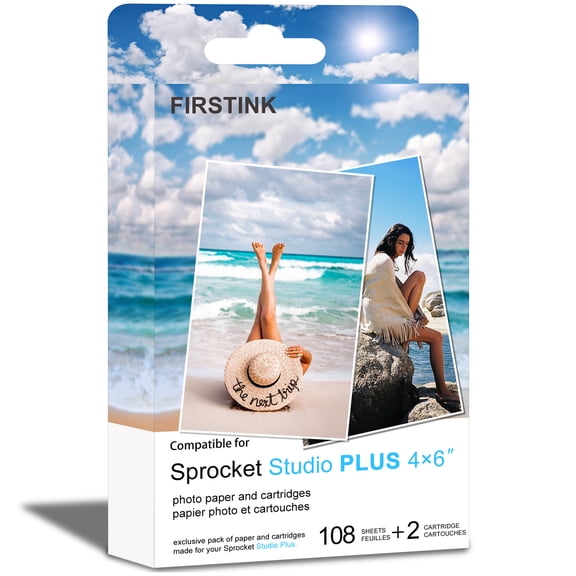 High Capacity Sprocket Studio Plus 4 x 6 Photo Paper and Ink Cartridges Compatible with Sprocket Studio Plus printer Ink (Includes 108 Sheets and 2 Cartridges)