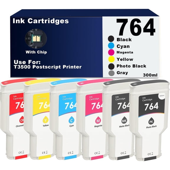 High Capacity T3500 764 Ink Cartridges Replacement for Designjet T3500 Postscript Printer Ink (6-Pack 300ML 764 Ink Cartridges Photo Black/Matte Black/Gray/Cyan/Magenta/Yellow)