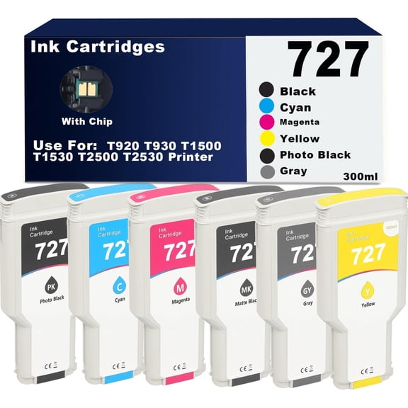 High Capacity T930 727 Ink Cartridges Replacement for designjet T920 T930 T1500 T1530 T2500 T2530 Printer Ink (6-Pack 300ML 727 Ink Cartridges Photo Black/Matte Black/Gray/Cyan/Magenta/Yellow)
