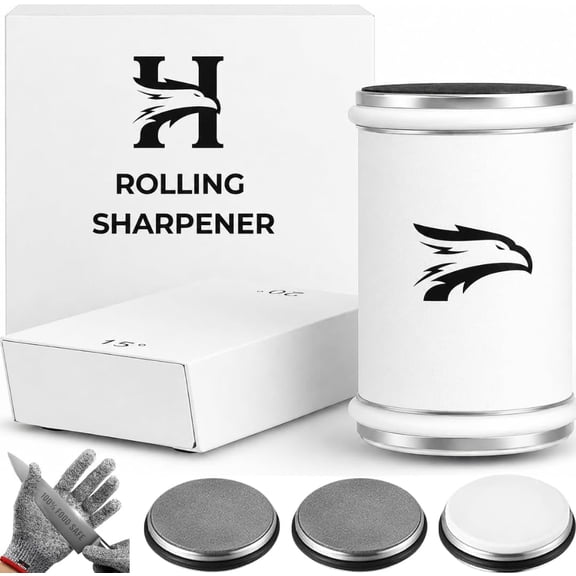 High Carbon Stainless Steel Rolling Knife Sharpener with 400, 1000 & 3000 Replacement Discs - Blunt Knife Sharpening Kit with 15 and 20 Degree Sharpening for Kitchen & Chef's Knives (White)
