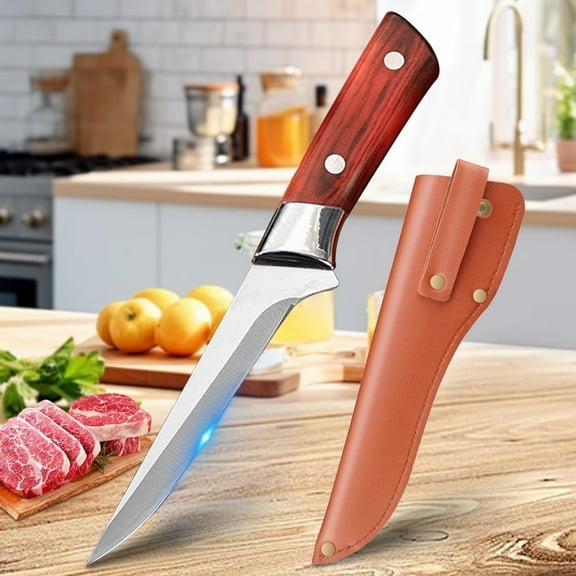High Carbon Steel 6-inch Kitchen Boning Knife Chefs Slicing Knife with Leather Sheath Cutting Cooking Camping Outdoor Butcher Knife for BBQ