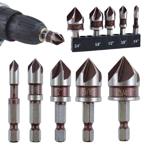 High Carbon Steel Countersink Drill Bit Set, 3pc or 5pc • 82° Precision Chamfering • Hex Shank for Power Drill • Wood, Metal, Plastic, 5-Cut Chip Removal