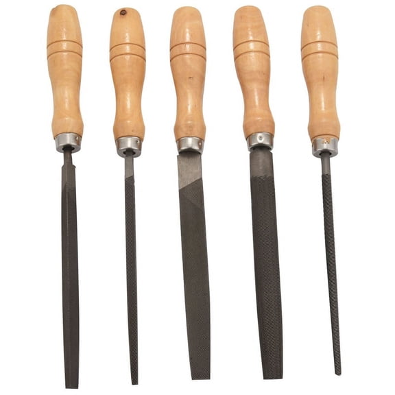 DIY Woodworking and Metalworking 5-Piece Steel File Set with Wooden Handles: Flat, Half-Round, Tri-Cornered, Round, Square Files