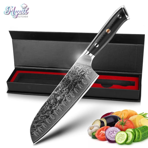 High Carbon Steel Japanese Santoku Knife, Damascus Laser Pattern Ultra-Sharp Slicing Knife for Vegetable