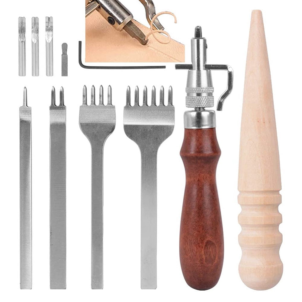 High Carbon Steel Leather Crafting Tools with Wood Leather Working Tools Kit Stainless Steel Color 11Pc/set