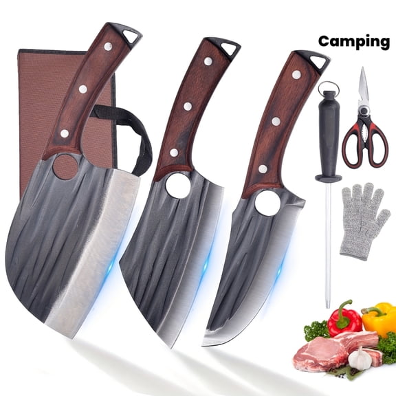 High Carbon Steel Meat Cleaver - Hand Forged Boning Carving Butcher Chef Knives - Butcher Knife Set with Bag - For Meat Cutting Processing - Outdoor BBQ Camping Viking Knife
