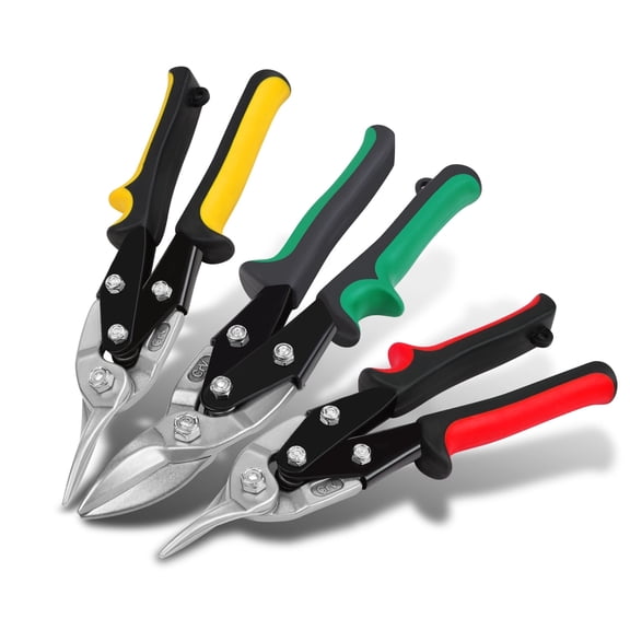High Carbon Steel Tin Snip Tool, 3Pcs 10 Inches Serrated Jaws, Includes Straight, Left, and Right Cut Tin Snip w/ Rubberized Handle, Built-In Thumb Lock