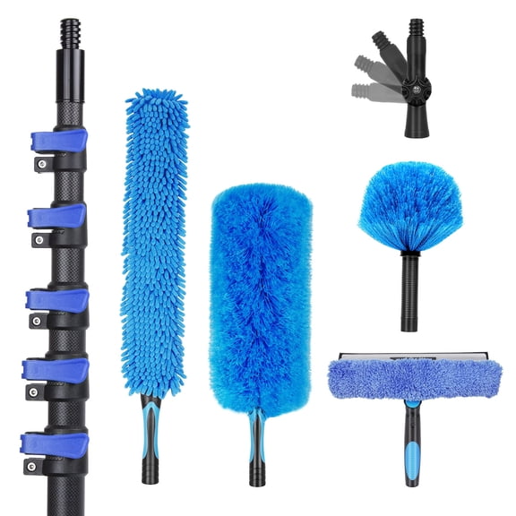 High Ceiling Duster Kits with 4.7-24 FT Carbon Fiber Extension Pole, Feather Duster, Cobweb Duster, Ceiling Fan Duster, Window Squeegee & Cleaner with Pole 24 Ft