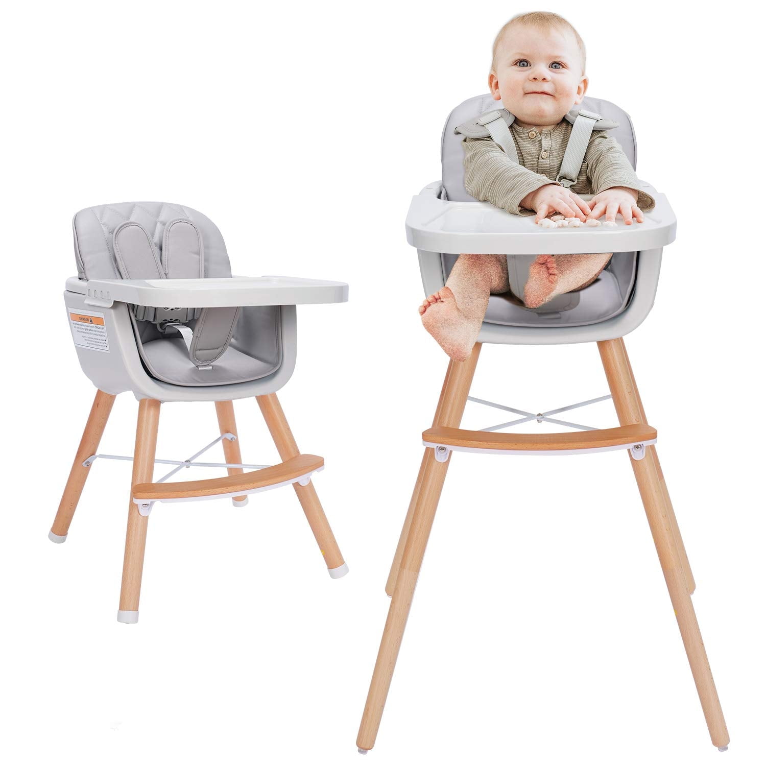 High Chair, OEIKPFN 3 IN 1 Convertible Wooden High Chair with Adjustable Legs & Removable Tray, Gray