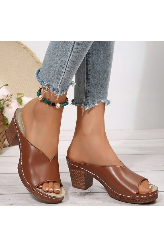 High Chunky Platform Heels for Women Fashion Comfort Slip on Square Open Toe Block Heel Sandals Brown 6