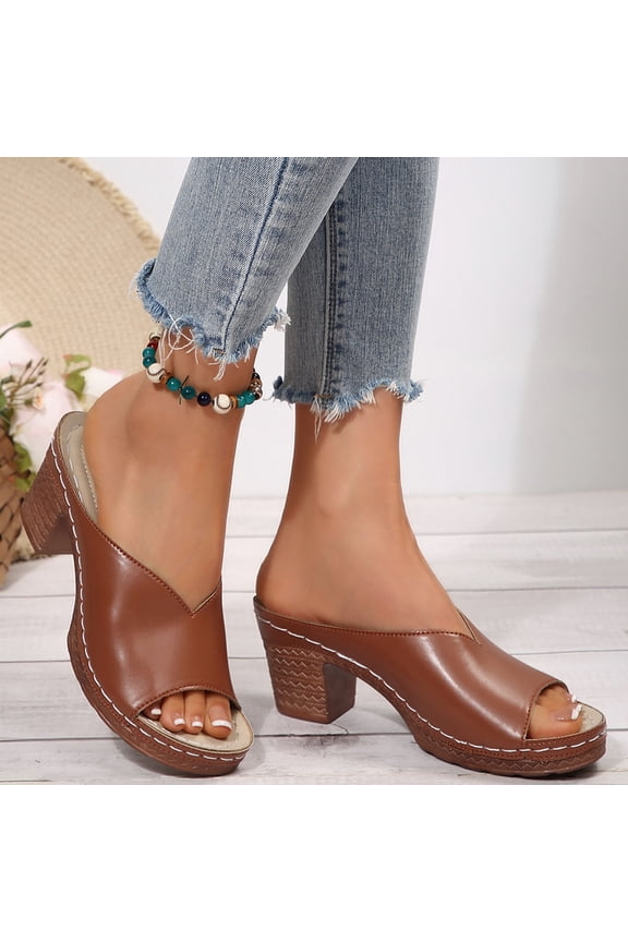 High Chunky Platform Heels for Women Fashion Comfort Slip on Square Open Toe Block Heel Sandals Brown 7