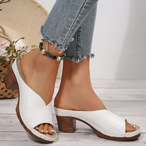 High Chunky Platform Heels for Women Fashion Comfort Slip on Square Open Toe Block Heel Sandals White 9.5