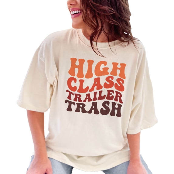 High Class Trailer Trash, Groovy Retro Wavy Text, Ivory Comfort Colors T-Shirt, Small