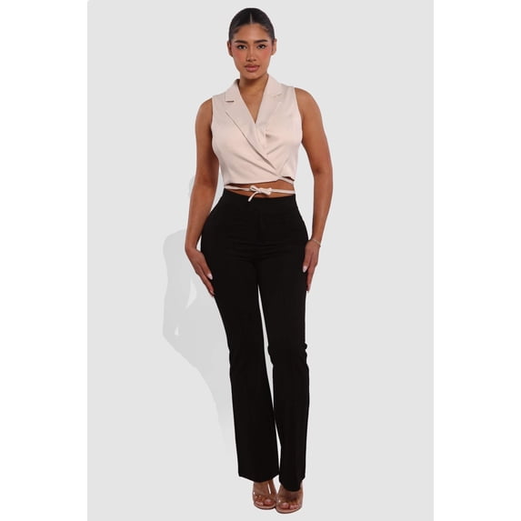 High Classic Waist Front Seam Flare Pants - Black