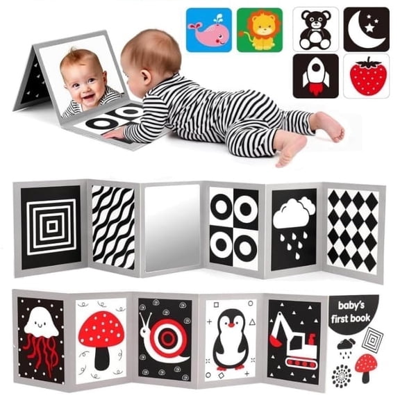 High Contrast Baby Toys Black and White Book Infants Toy Tummy Time Mirror for Babies 0-6 6-12 Months