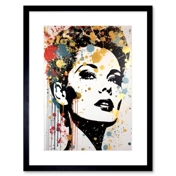 High Contrast Female Retro Portrait Gold Red Yellow Splat Paint Teen Room Artwork Framed Wall Art Print 9X7 Inch