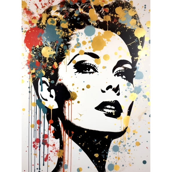 High Contrast Female Retro Portrait Gold Red Yellow Splat Paint Teen Room Unframed Wall Art Print Poster Home Decor Premium