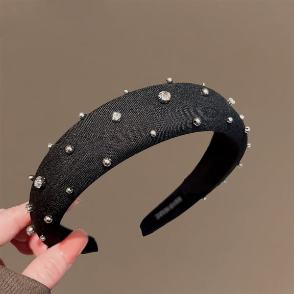 "High Crown Black-Grey Hairband, Heavy-duty Rhinestone Headband for Slimming Face Effect, Minimalist Versatile Commuting Hair Accessory"