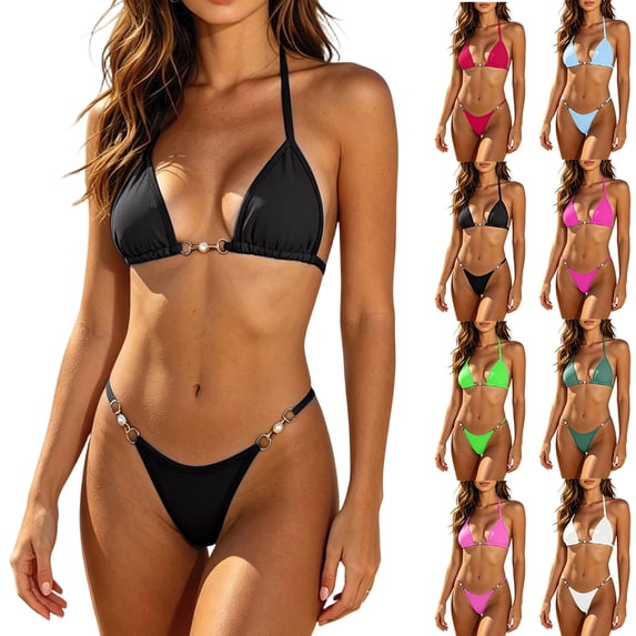 High Cut Bikini Two Piece Womens Triangle String Thong Bikini Brazilian Style Chain Decor Two Piece Beach Bathing Suit