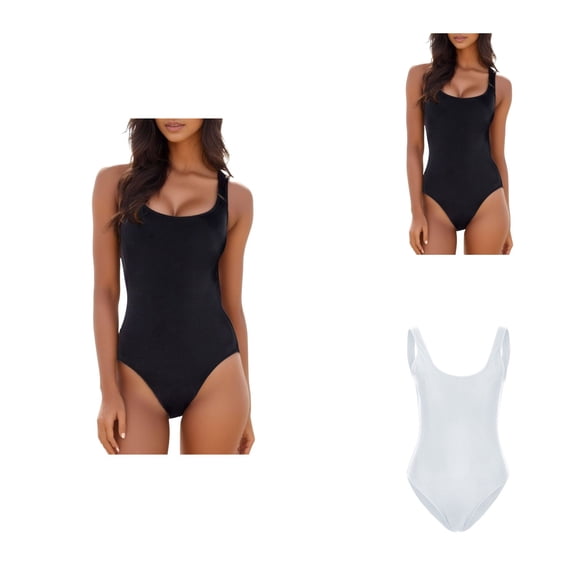 High Cut One Piece Swimsuit for Women, Low Back Scoop Neck Retro 80s Bathing Suit with Elastic Fit Tankini Style